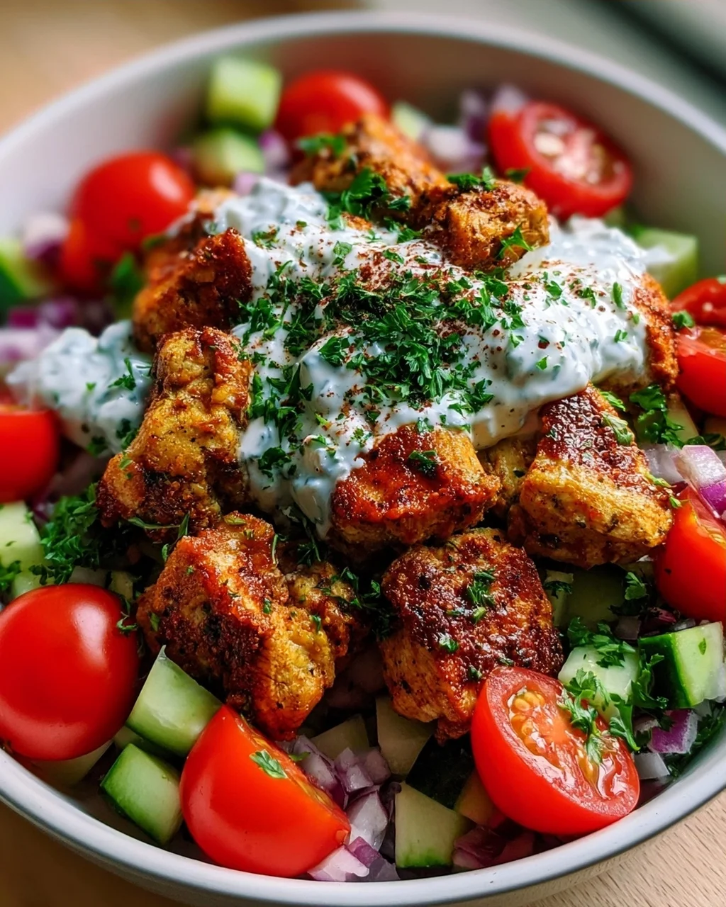 Air Fryer Griechische Chicken Bowl Bites mit Tzatziki-Sauce