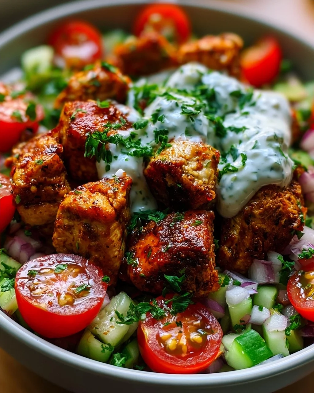 Air Fryer Griechische Chicken Bowl Bites mit Tzatziki-Sauce