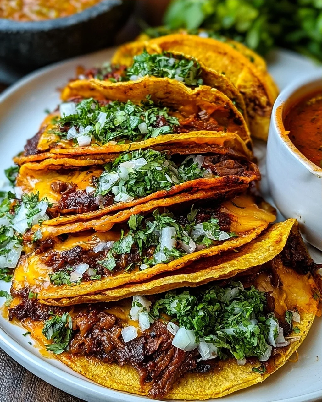 Birria-Tacos mit Käse und knusprigen Tortillas