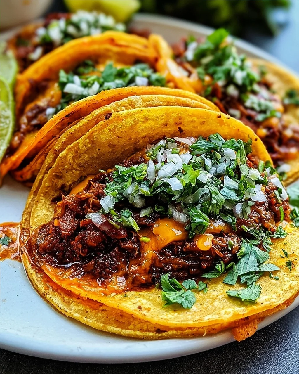 Birria-Tacos mit Käse und knusprigen Tortillas