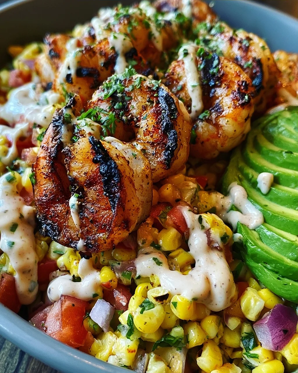 Gegrillte Garnelen Bowl mit Avocado Mais-Salsa & Cremiger Sauce