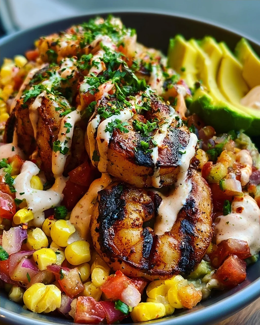 Gegrillte Garnelen Bowl mit Avocado Mais-Salsa & Cremiger Sauce