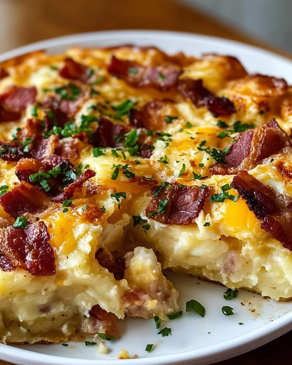 Kartoffelknödel-Frühstücks-Auflauf mit Rinderbacon & Ei