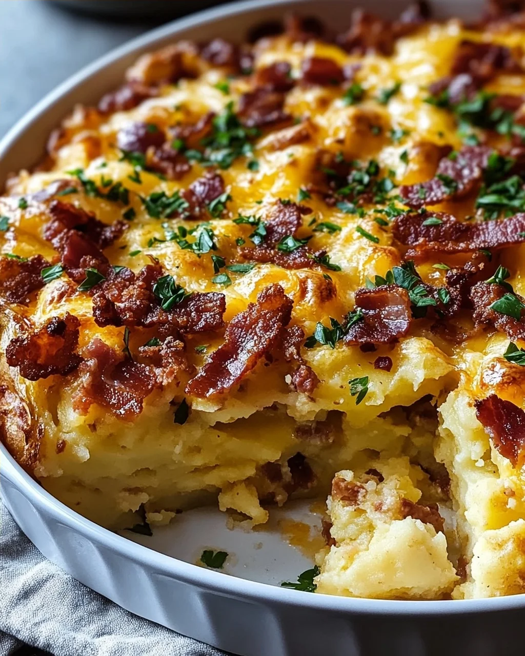 Kartoffelknödel-Frühstücks-Auflauf mit Rinderbacon & Ei