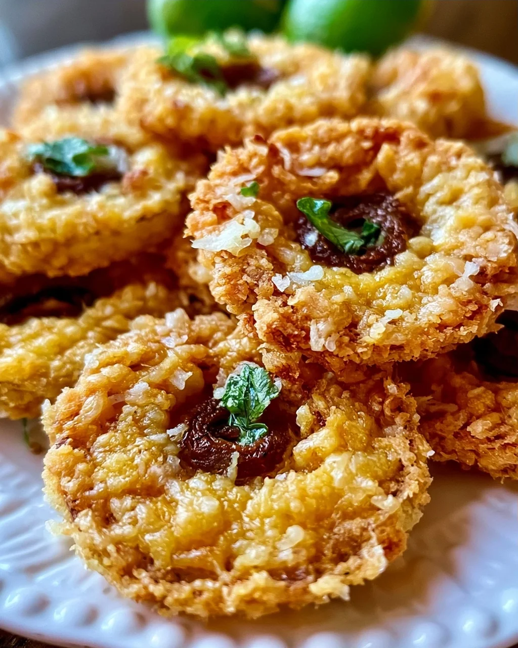 Knusprige käseüberzogene Zwiebelring-Chips genießen