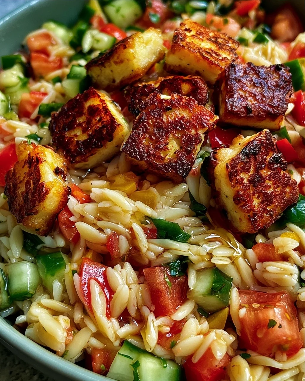 Kritharaki-Salat mit Halloumi-Croutons