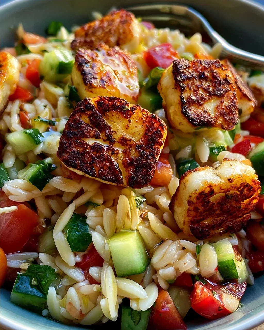 Kritharaki-Salat mit Halloumi-Croutons
