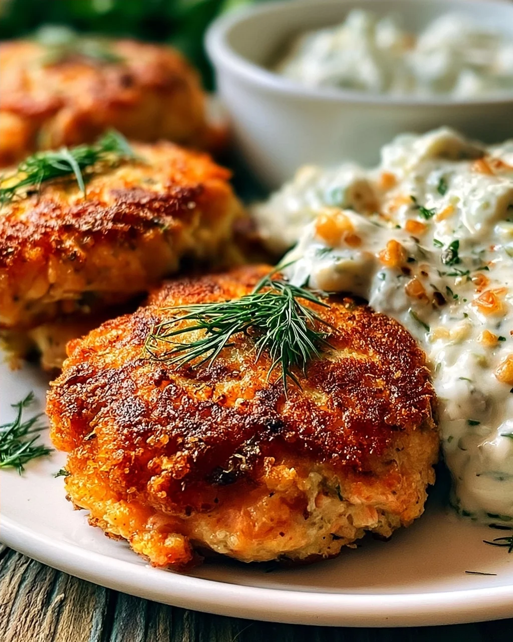 Lachsbratlinge mit scharfer Dill-Knoblauch-Dip