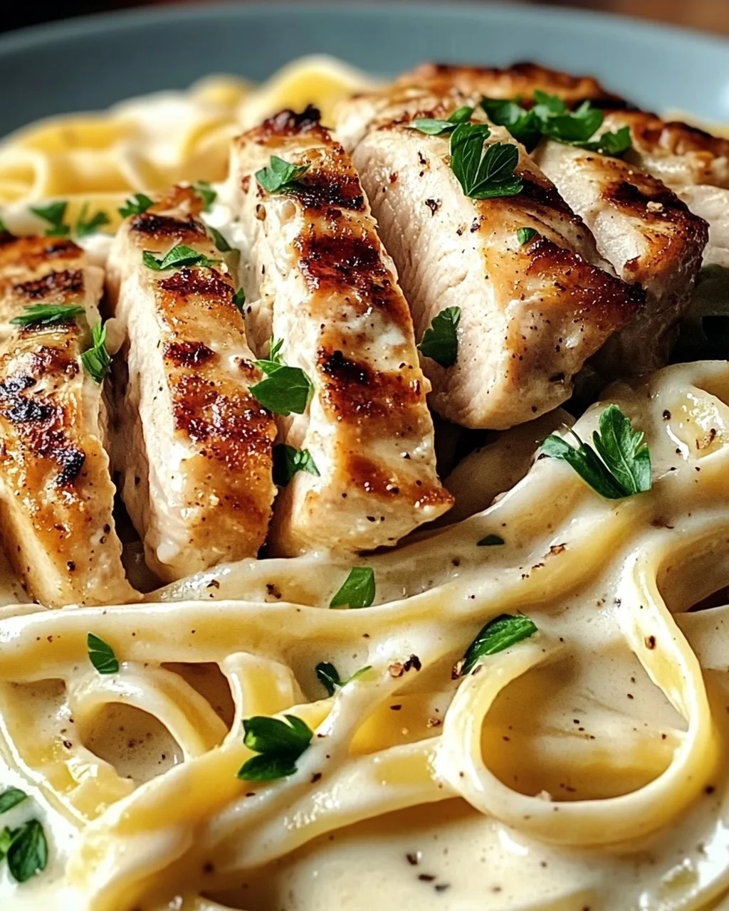 Pasta Alfredo mit gebratenem Hähnchen