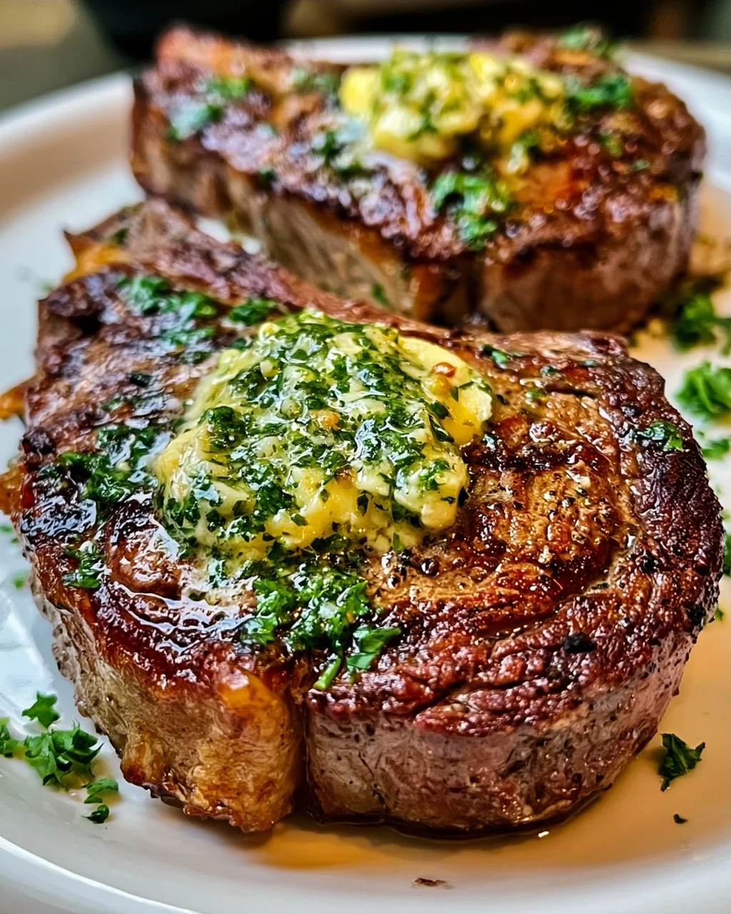 Perfektes in der Pfanne gebratenes Steak mit Knoblauchbutter