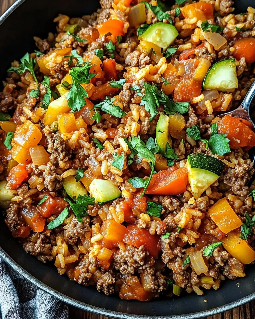 Reis-Hackfleisch-Pfanne mit Ajvar und Gemüse