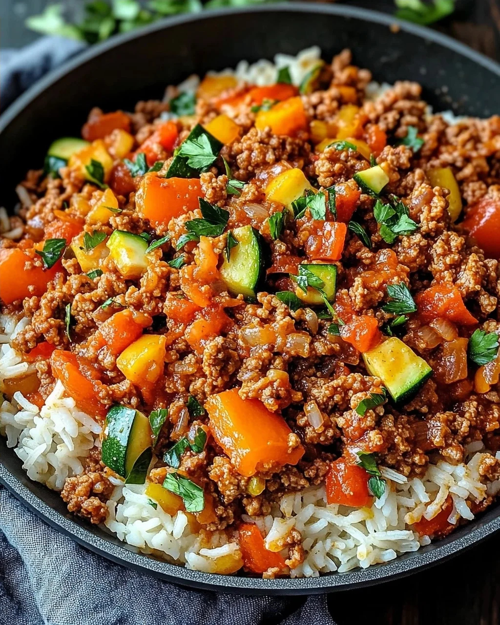 Reis-Hackfleisch-Pfanne mit Ajvar und Gemüse