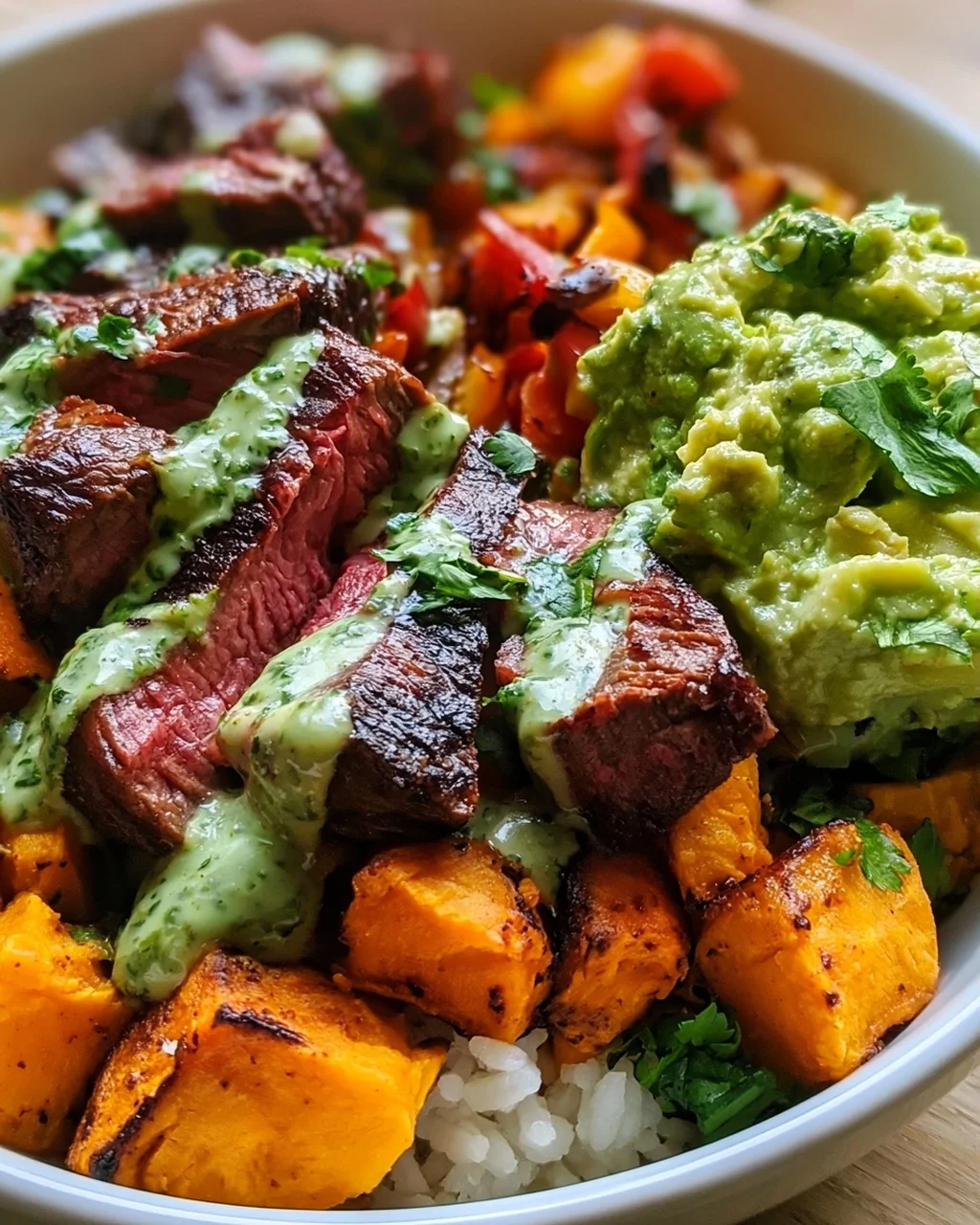 Steak und Süßkartoffel-Bowls mit Avocado-Koriander-Drizzle