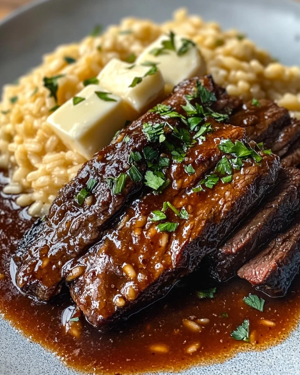 Tender Beef Brisket in Cola with Creamy Parmesan Risotto