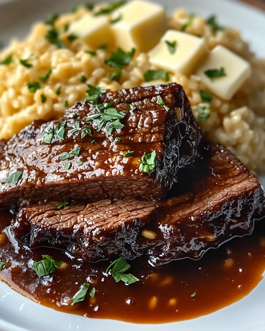 Tender Beef Brisket in Cola with Creamy Parmesan Risotto