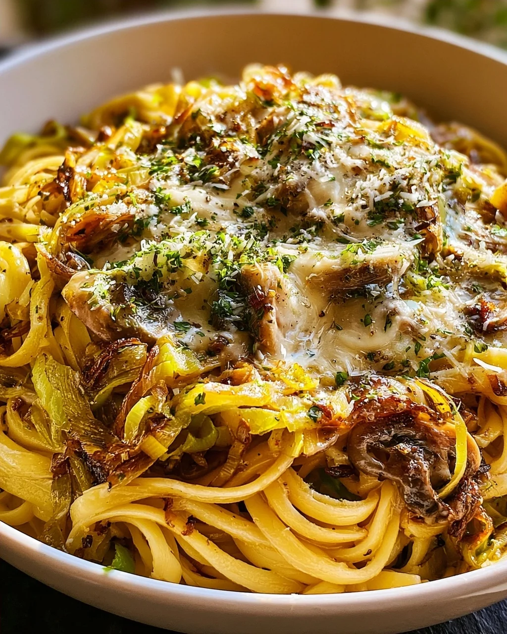 Unwiderstehliche Karamelisierter Lauch Pilz Gruyère Pasta