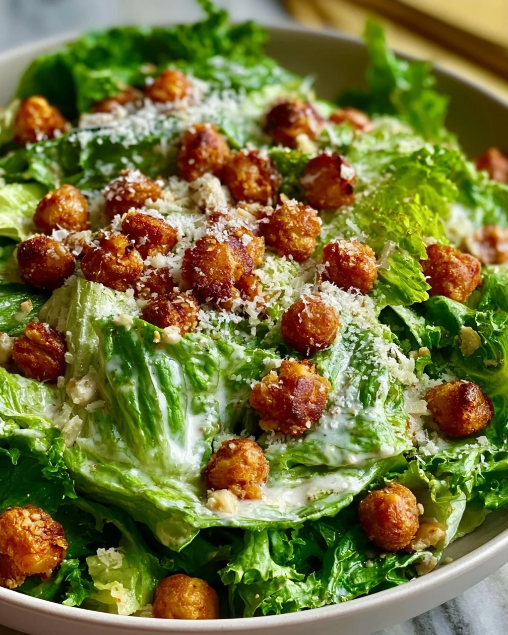 Vegetarischer Caesar Salat mit Kichererbsen-Croutons Rezept