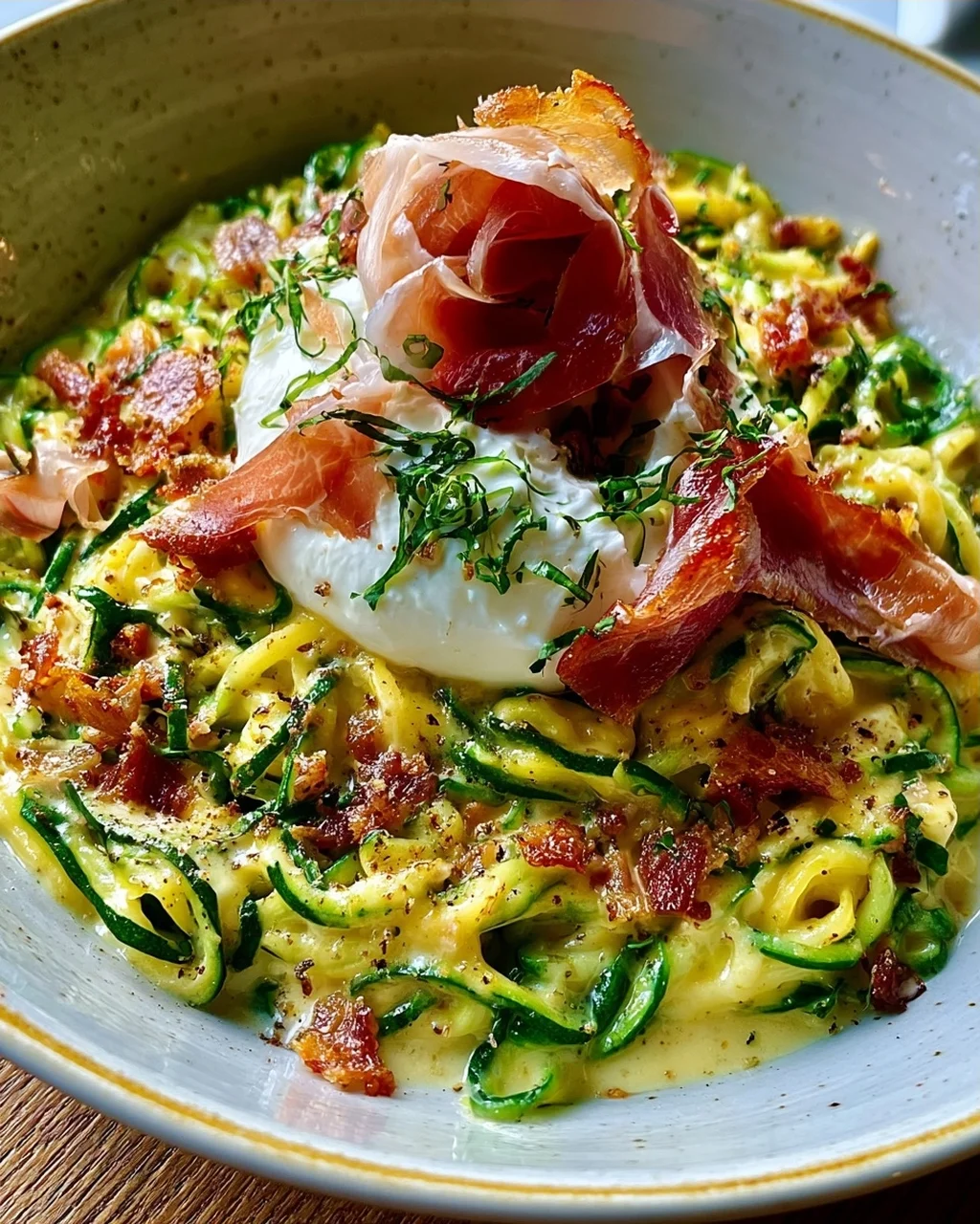 Zucchini Carbonara mit knusprigem Prosciutto und Burrata