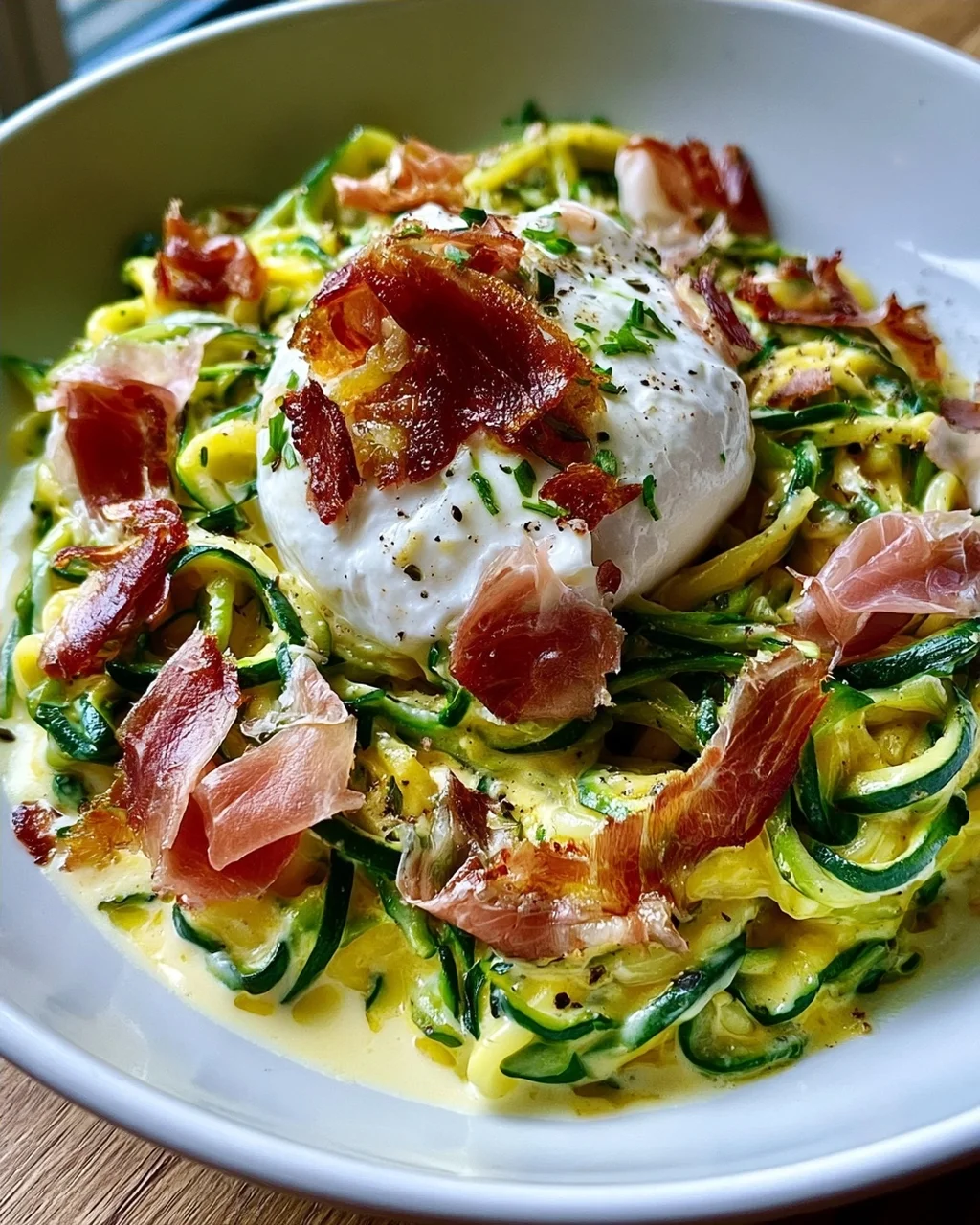 Zucchini Carbonara mit knusprigem Prosciutto und Burrata